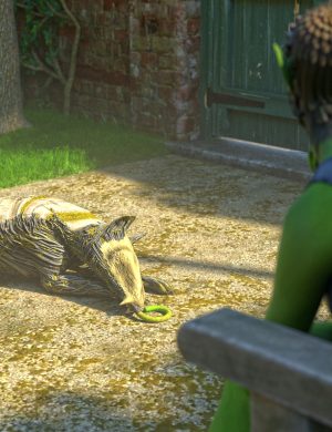 A 3D rendered scene of a girl with dreadlocks and green skin observing a mysterious metallic boar lying on the ground in a garden setting. The image showcases high-quality Daz3D assets and detailed environmental textures.