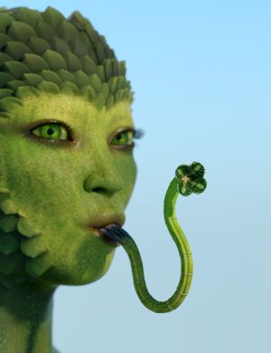 Green fantasy creature with a human face, reptilian scales, and plant-like elements against a clear blue sky, 3D digital art, high detail, Daz3D assets, surreal, nature-inspired, fantasy character, photorealistic render.