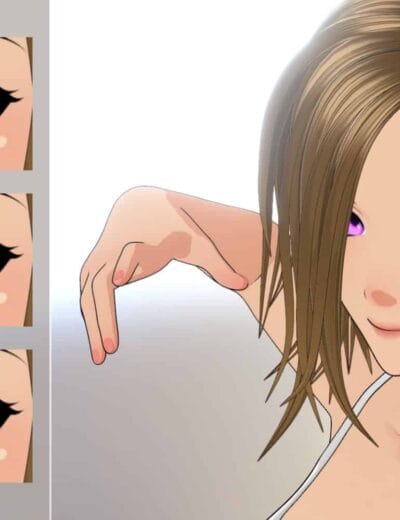 Anime girl with violet eyes and customizable eye color options in vibrant, detailed style.
