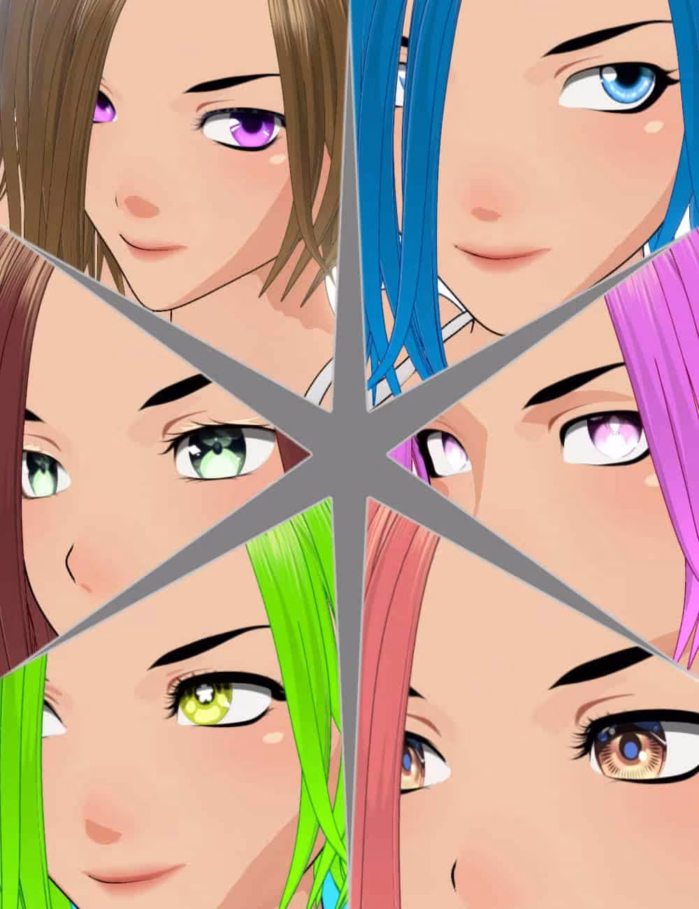 Colorful anime faces arranged in a star-shaped, symmetrical group portrait with vibrant hair and expressive eyes.