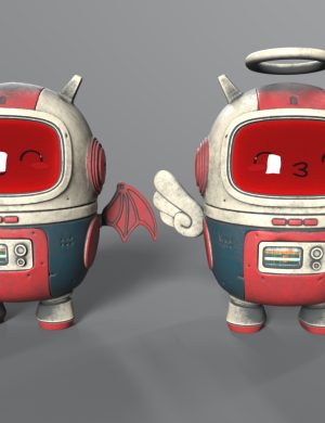 Cute 3D robot characters with cartoon features, wings, and digital displays in a modern digital art style, showcasing high-quality Daz3D assets from 3dshards.com.