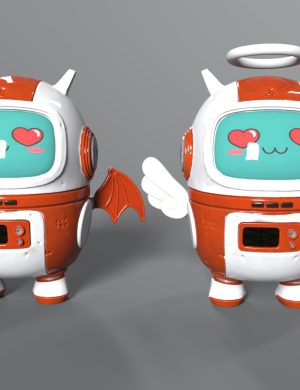 Cute cartoon robot characters with angel and devil themes, 3D digital design, vibrant orange and white color scheme, detailed with expressive facial features, perfect for Daz3D assets and 3D modeling projects, high quality render.