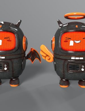 Cute demon-inspired robot characters with expressive faces, horns, bat wings, and angel halo, showcasing high-quality 3D assets for Daz3D and 3D design enthusiasts, perfect for fantasy and character art.