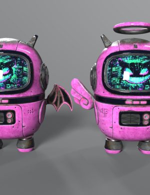 Pink robot character with digital face, cyberpunk style, 3D asset for Daz3D, fantasy cartoon design, with wings and halo, suitable for creative projects and animations.