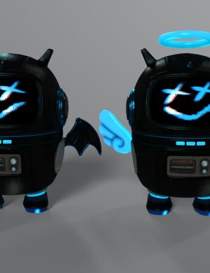 Robot character with neon smiley face, angel wings, and devil horns, 3D digital art, sci-fi style, high-quality Daz3D asset, futuristic design, glowing blue elements, fantasy themed character, unique collectible figurine, 3D Shards asset collection.
