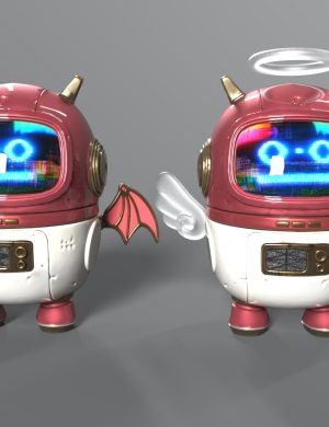 Robotic cartoon characters with digital screens as faces, featuring angelic and demonic elements, 3D assets for Daz3D, high detail, vibrant colors, fantasy style.