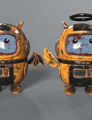Retro robot characters with cute cartoon faces, detailed textures, and vintage style, suitable for 3D assets and digital art projects.