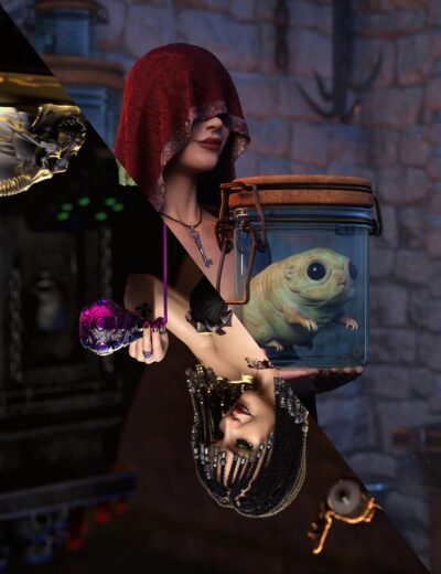 Intriguing digital art featuring a woman with braided hair and avant-garde makeup holding a glass container with a large, unusual creature inside, set against a dark, artistic background.