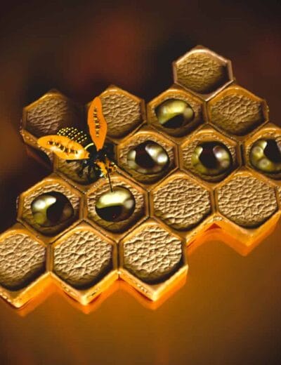 Golden honeycomb with honey bees and a vibrant orange butterfly, showcasing realistic 3D textures and detailed environment, perfect for Daz3D assets and 3D rendering projects.