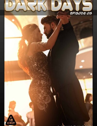 Romantic couple dancing in sunset-lit ballroom, cinematic and elegant scene from Dark Days series.
