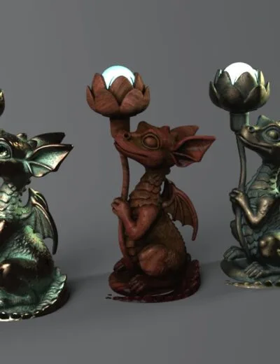 Intricate 3D dragon figurines holding lotus flowers, crafted with detailed textures and metallic finishes for Daz3D assets and 3D modeling projects.