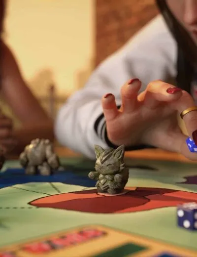 Colorful fantasy creature miniatures on vibrant board game with dice, allies in RPG gameplay, creative 3D assets for Daz3D, tabletop gaming accessories, high-quality 3D models for game design.