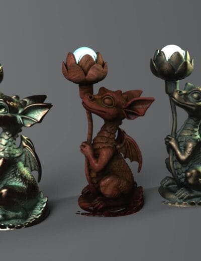 Three fantasy dragon sculptures with glowing orbs, perfect as decorative art and lamps.