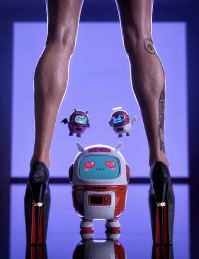 Futuristic scene with high heels, playful robots, and vibrant purple lighting blending sci-fi and fashion.