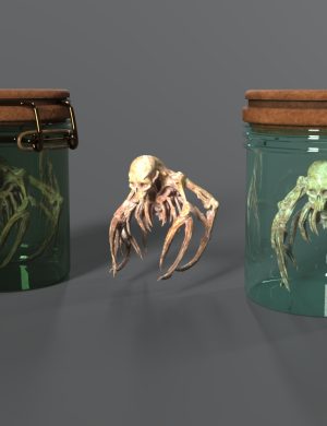 Dark green glass jars containing a detailed 3D tentacled creature or monster, showcased for use in Daz3D assets, highlighting high-quality digital design and realistic textures for 3D art projects.