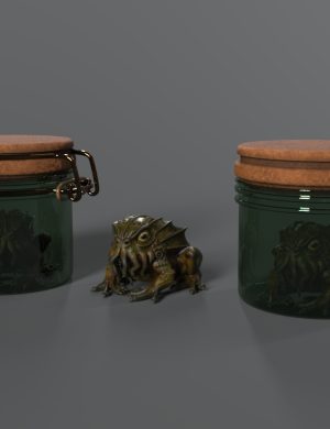 Glass jars with animal figures inside, featuring 3D models with detailed textures and realistic reflections, highlighting high-quality Daz3D assets and 3D rendering techniques.