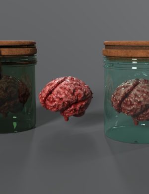 Brain with preserved structure inside glass jars, 3D rendered science or medical illustration, detailed textures, realistic lighting, for use in educational, medical, or scientific visualization.