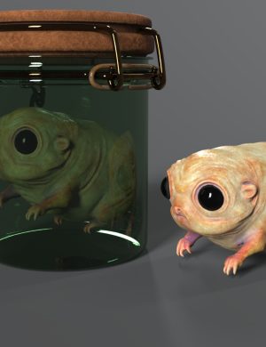 3D frog sitting outside a jar with frog reflected inside, high-quality digital 3D render of realistic amphibian assets for Daz3D and 3D modeling projects.