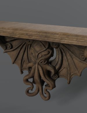 Ornate wooden classic architectural corbel with carved octopus detail, perfect for fantasy or historical 3D scene design in Daz3D. High-quality, detailed 3D asset for creative visual projects.