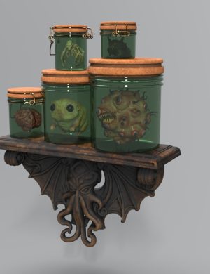 Shark and creature-themed fantasy jars with detailed textures, fantasy art, 3D assets, suitable for Daz3D, with an ornate wood and dragon alcove display for digital art and character design.