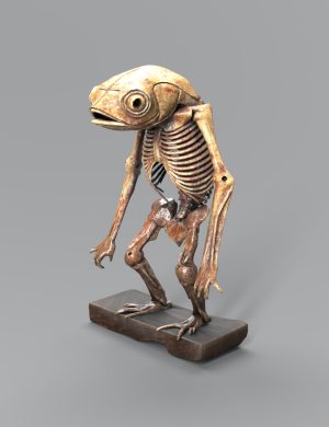 Futuristic fish skeleton sculpture with detailed bones, realistic rusted texture, and artistic design, perfect for 3D assets and digital art projects.