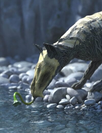 Mystical Forest Creature Drinking from Tranquil Stream Fantasy forest creature with plant tendril drinking from peaceful rocky stream in lush surroundings.