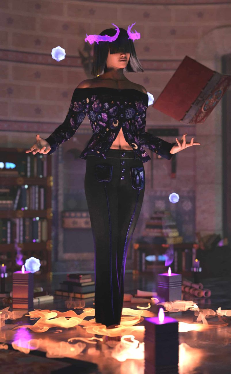 Mystical sorceress in library summoning magic with glowing candles, floating books, and cosmic energy.
