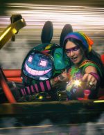 neon robot rider with woman