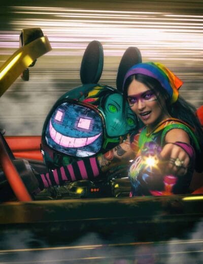 Futuristic woman and neon rabbit-helmet robot race through vibrant cyberpunk city scene.