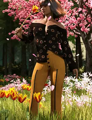 Elegant woman in floral off-shoulder top and mustard pants holding a flower, standing amid blooming tulips and pink blossoms in a vibrant garden scene.