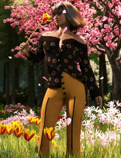 Elegant woman in floral off-shoulder top and mustard pants holding a flower, standing amid blooming tulips and pink blossoms in a vibrant garden scene.