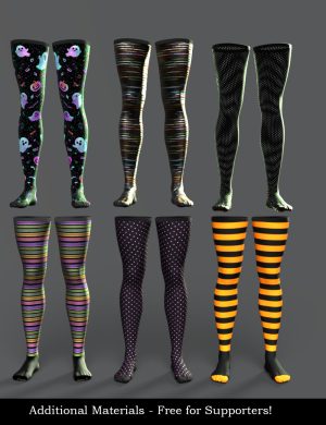 Knee-high Halloween-themed stockings with ghosts and pumpkins, colorful striped thigh-highs, dotted black and pink tights, and orange and black striped Halloween stockings, all 3D modeled and suitable for Daz3D scenes.