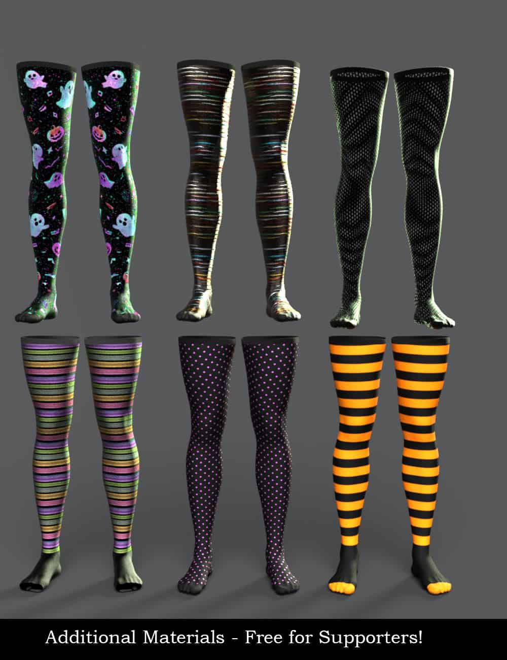 Knee-high Halloween-themed stockings with ghosts and pumpkins, colorful striped thigh-highs, dotted black and pink tights, and orange and black striped Halloween stockings, all 3D modeled and suitable for Daz3D scenes.