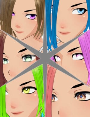 Vibrant anime-style female characters with colorful hair and detailed eye designs, showcasing high-quality Daz3D assets and 3D character models for digital art and animation.