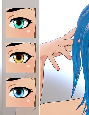 Bright blue anime girl with textured hair, character design, digital art, vibrant eye details, 3D models, high-quality Daz3D assets, fantasy style, colorful illustration, character creation.