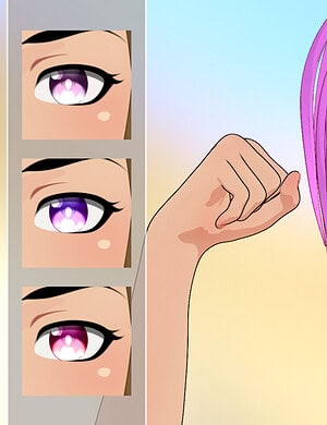 Bright anime-style female character with vibrant purple hair and expressive eyes, showcasing customizable eye color options, perfect for 3D art, digital anime, and character design assets.