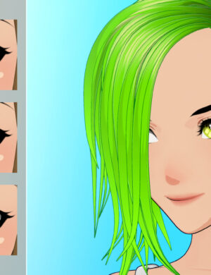 Bright green anime female character with colorful eye options, digital illustration for Daz3D assets.