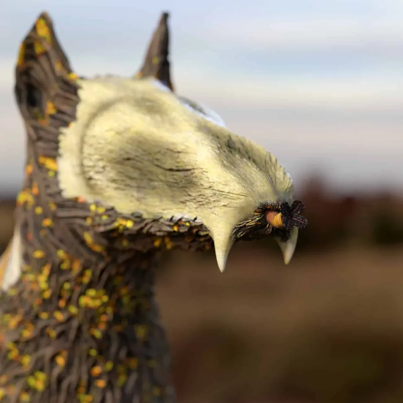 Mythical vinehound sculpture with long white fangs and a tiny fly on one fang