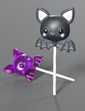 Colorful 3D bat and moon-themed lollipops with cute cartoon faces, 3D SHARDS - High-quality Daz3D assets, perfect for fantasy, Halloween, or spooky-themed digital art projects.