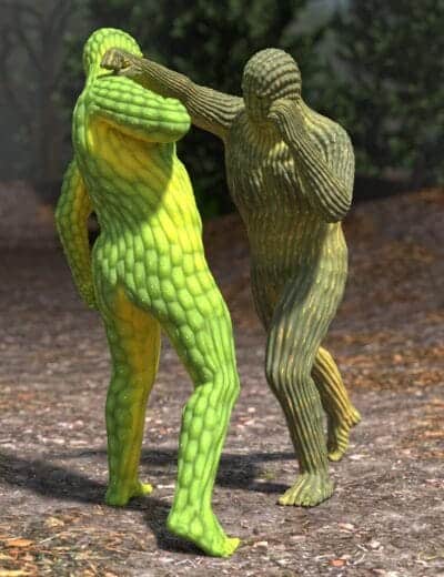 Surreal organic humanoid figures clash in a dense forest under soft sunlight.