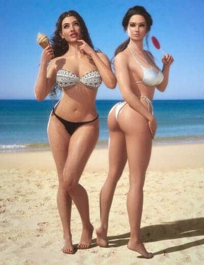 Stylish women enjoying sunny beach day with swimsuits, ice cream, and ocean view.