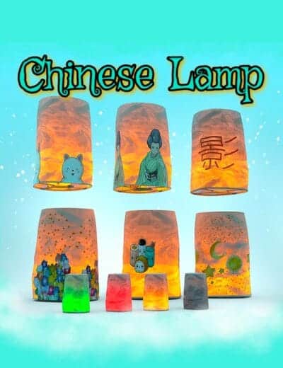 Colorful Chinese lanterns with traditional and modern designs glowing against a teal background.