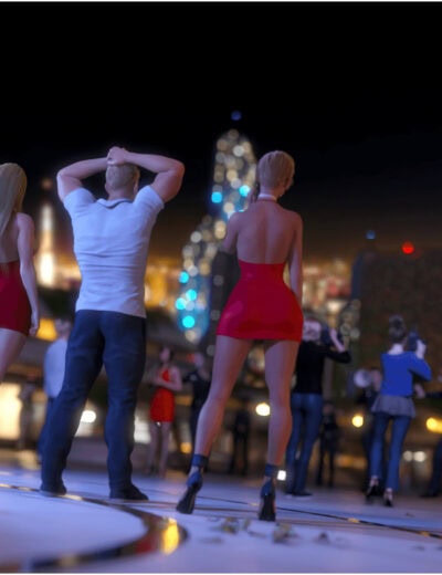 Stylish friends watch vibrant city skyline at night, building anticipation for an upcoming event.