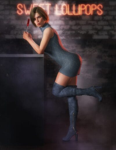 Stylish woman with lollipop and neon sign in moody urban nightlife scene.