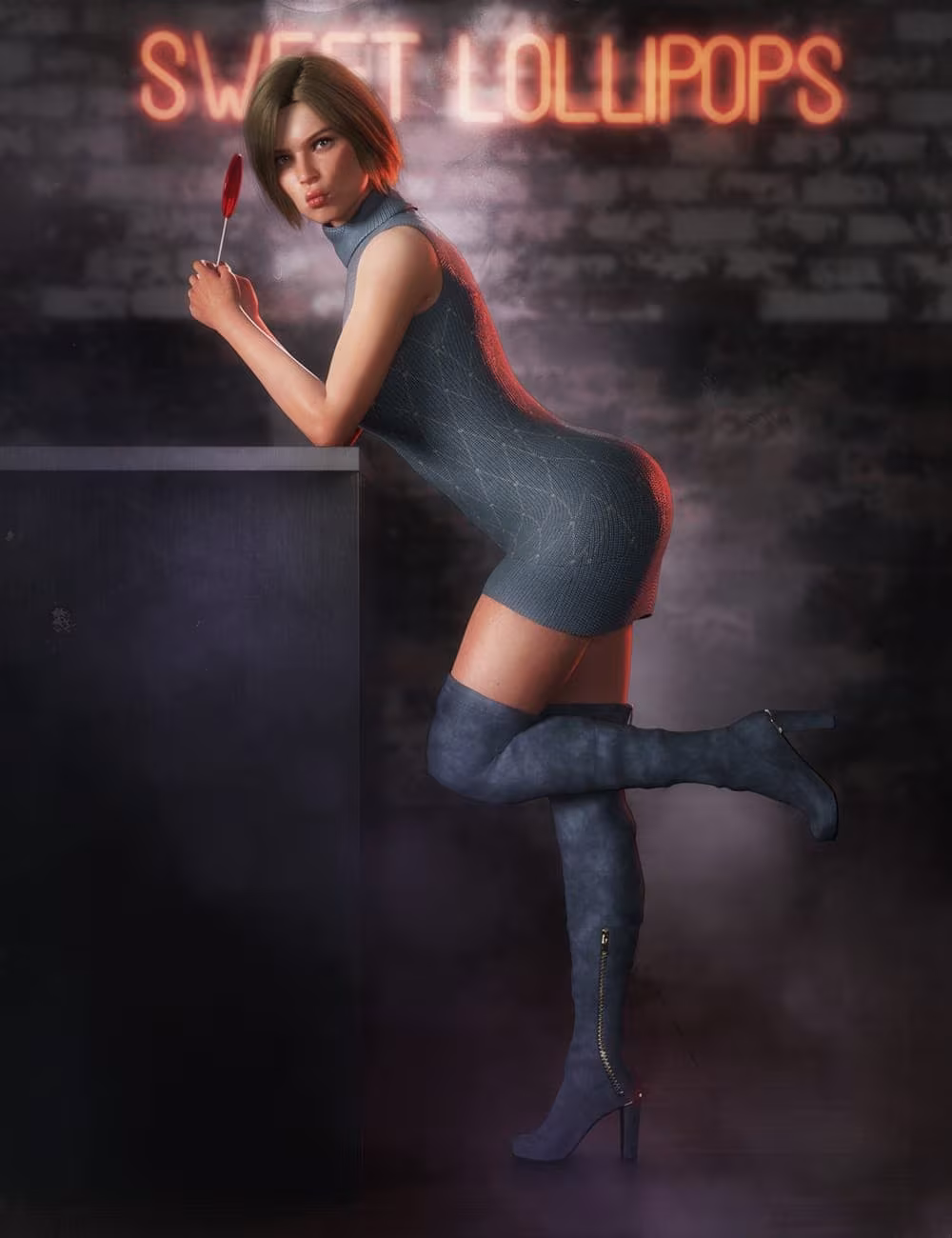 Stylish woman with lollipop and neon sign in moody urban nightlife scene.