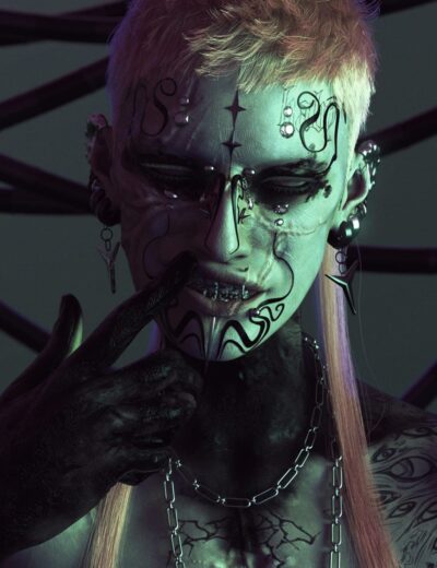 Surreal cyber-gothic portrait featuring a metallic-pale figure with tattoos, piercings, and futuristic accessories.