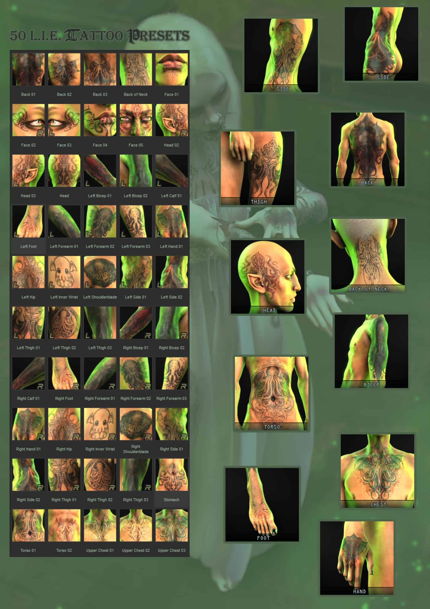 Dark fantasy tattoo presets for 3D characters with mystical and gothic designs.