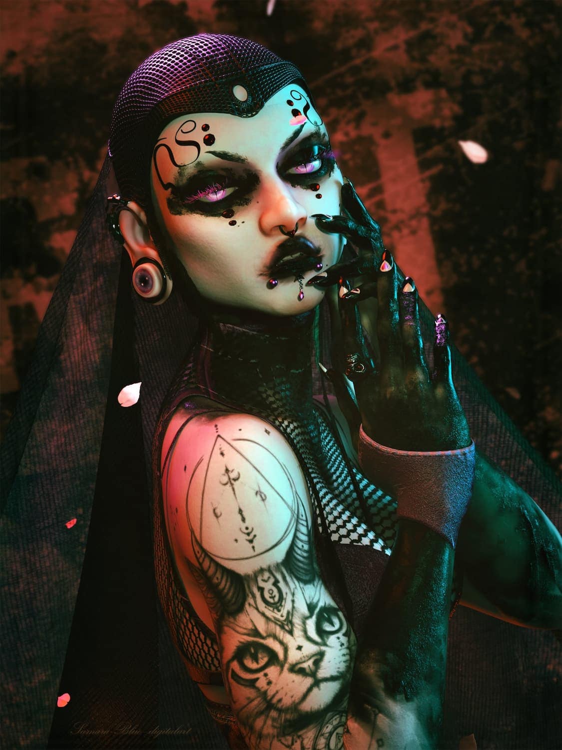 Enigmatic dark figure with glowing skin, mystical tattoos, piercings, and floating petal accents.