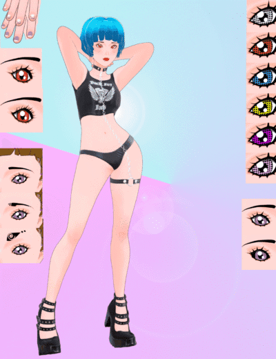 Anime-inspired digital character customization with punk-futuristic fashion and vibrant eye options.