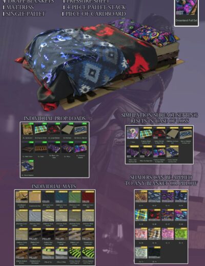3D Dreamland Bed Set with customizable textures, blankets, pillows, and pallet components for realistic scenes.